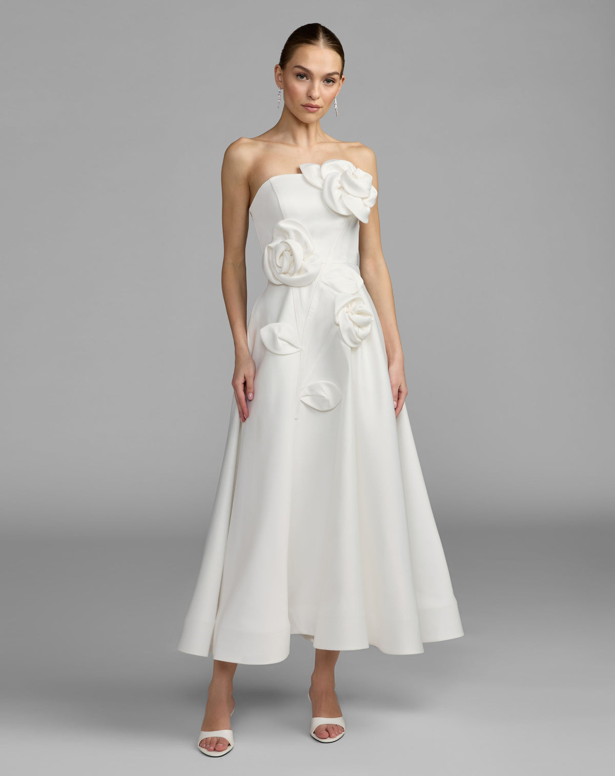 White Strapless Satin A-Line Dress With 3D Flowers - Contemporary Collection