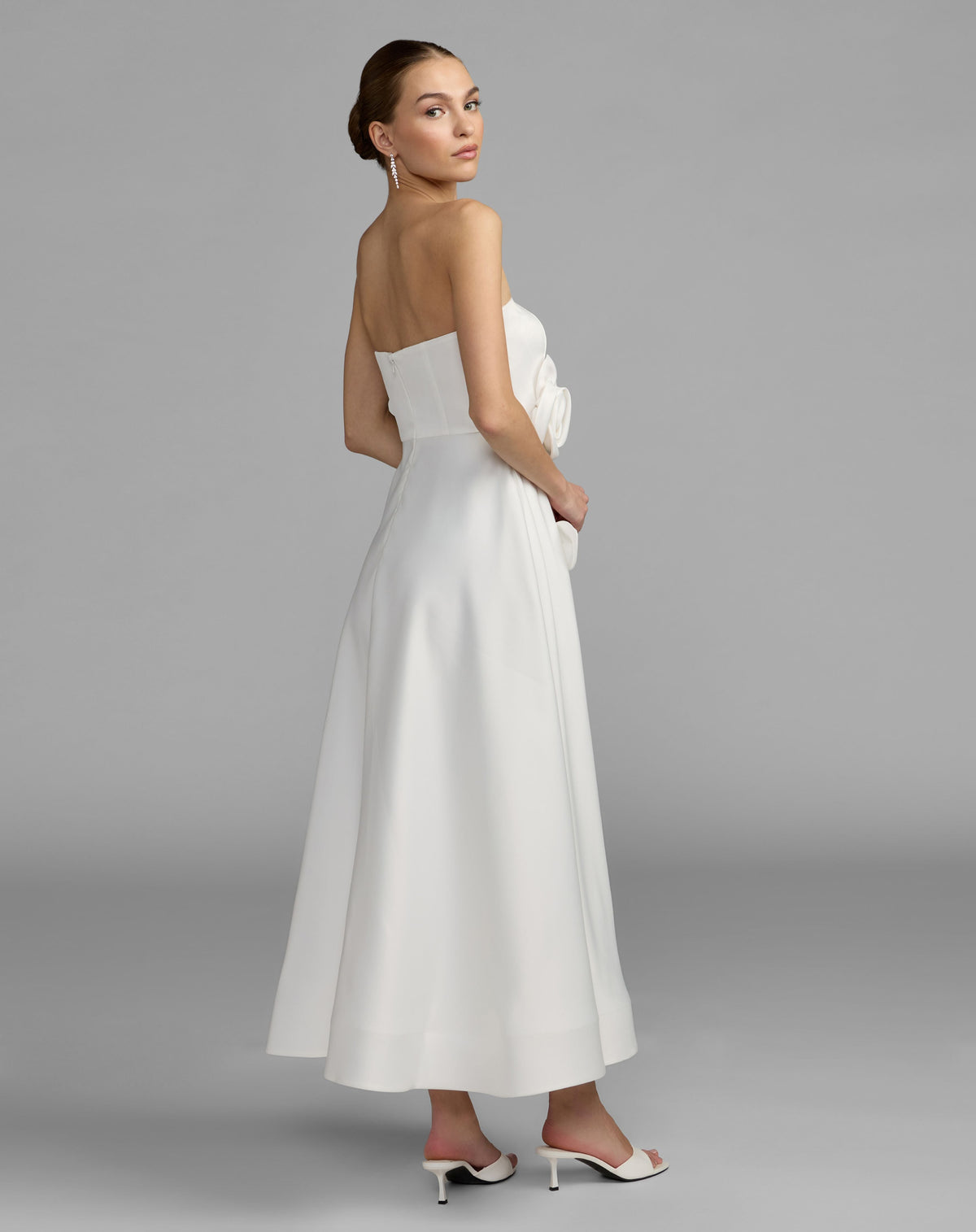 White Strapless Satin A-Line Dress With 3D Flowers - Contemporary Collection