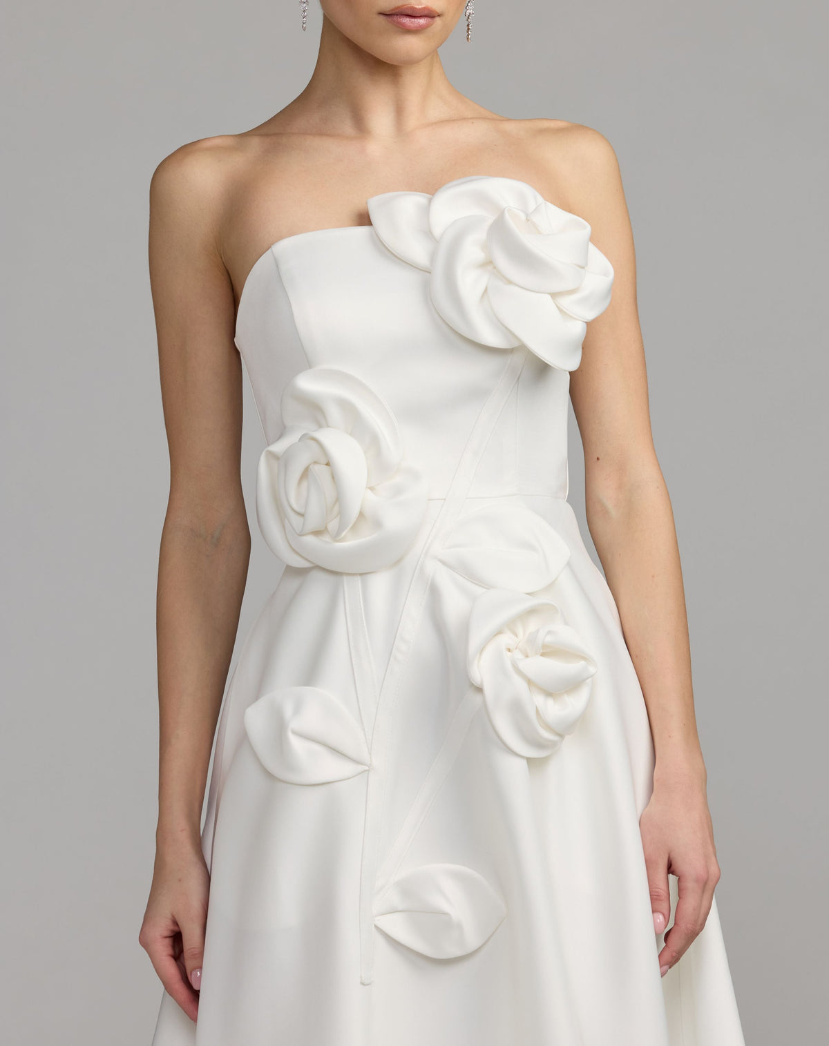 White Strapless Satin A-Line Dress With 3D Flowers - Contemporary Collection