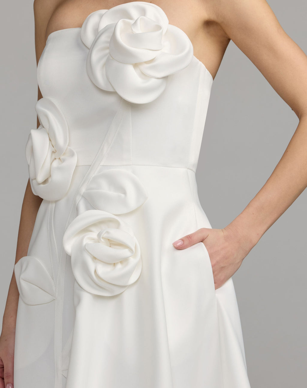 White Strapless Satin A-Line Dress With 3D Flowers - Contemporary Collection