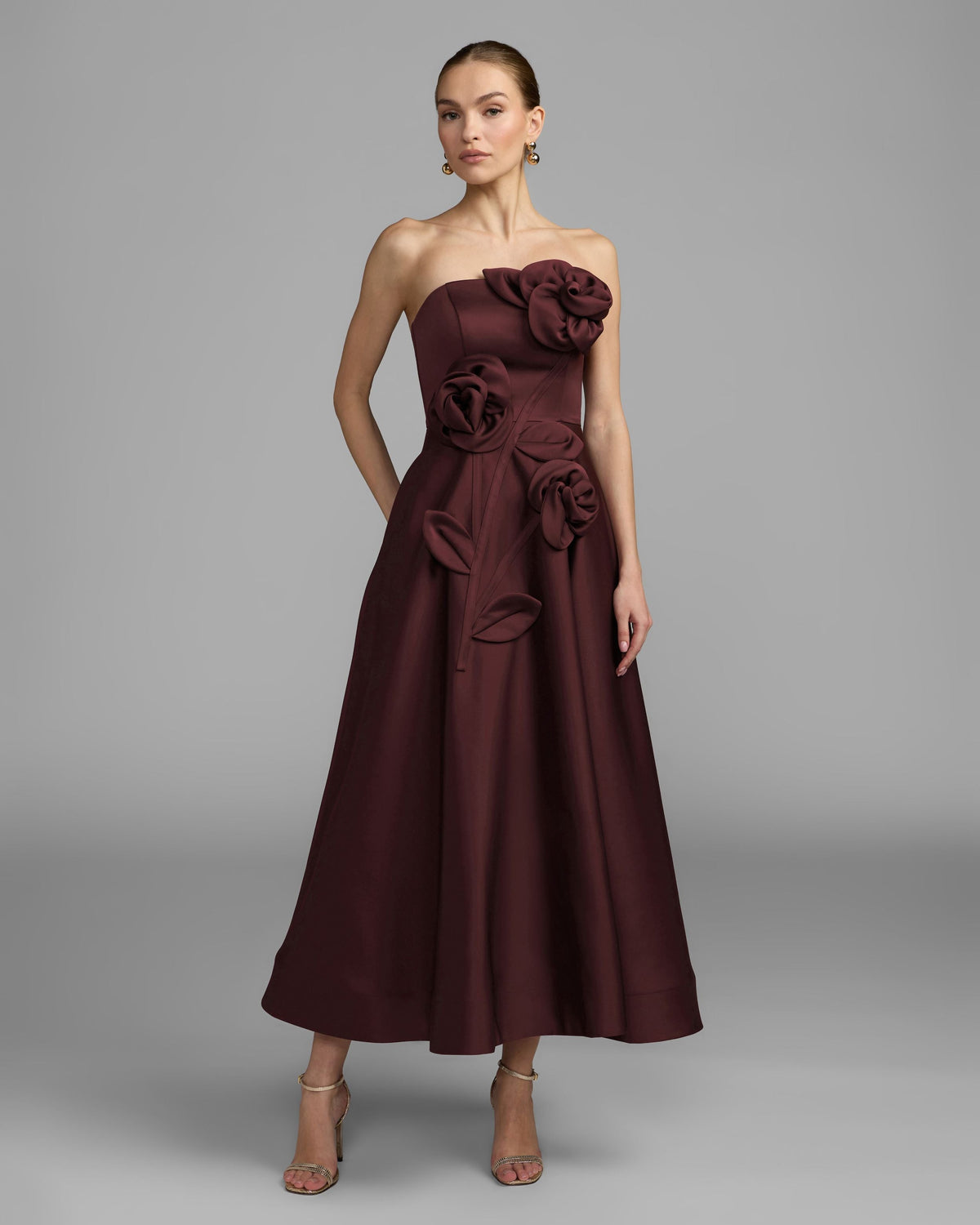 Burgundy Strapless Satin A-Line Dress With 3D Flowers - Contemporary Collection