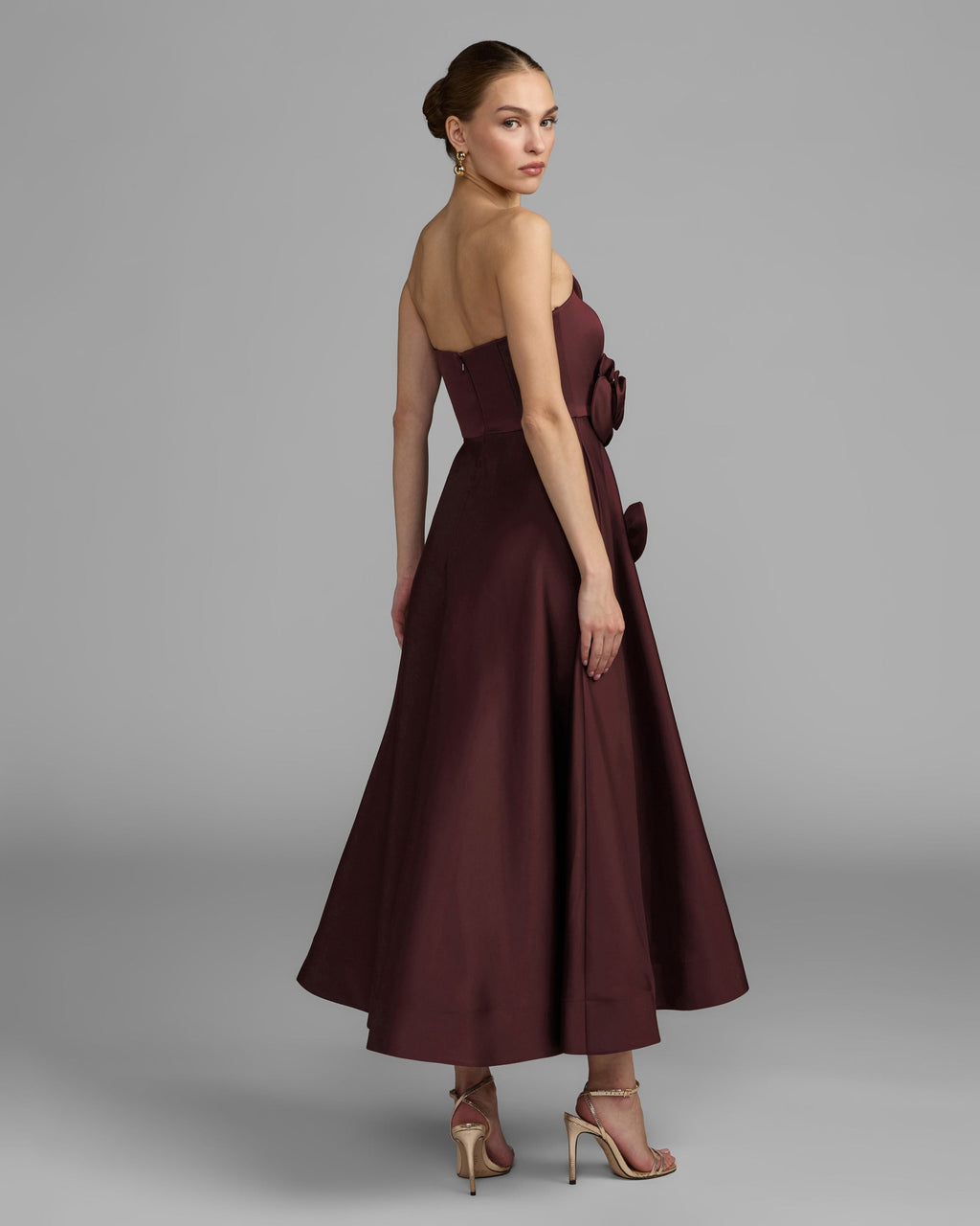 Burgundy Strapless Satin A-Line Dress With 3D Flowers - Contemporary Collection