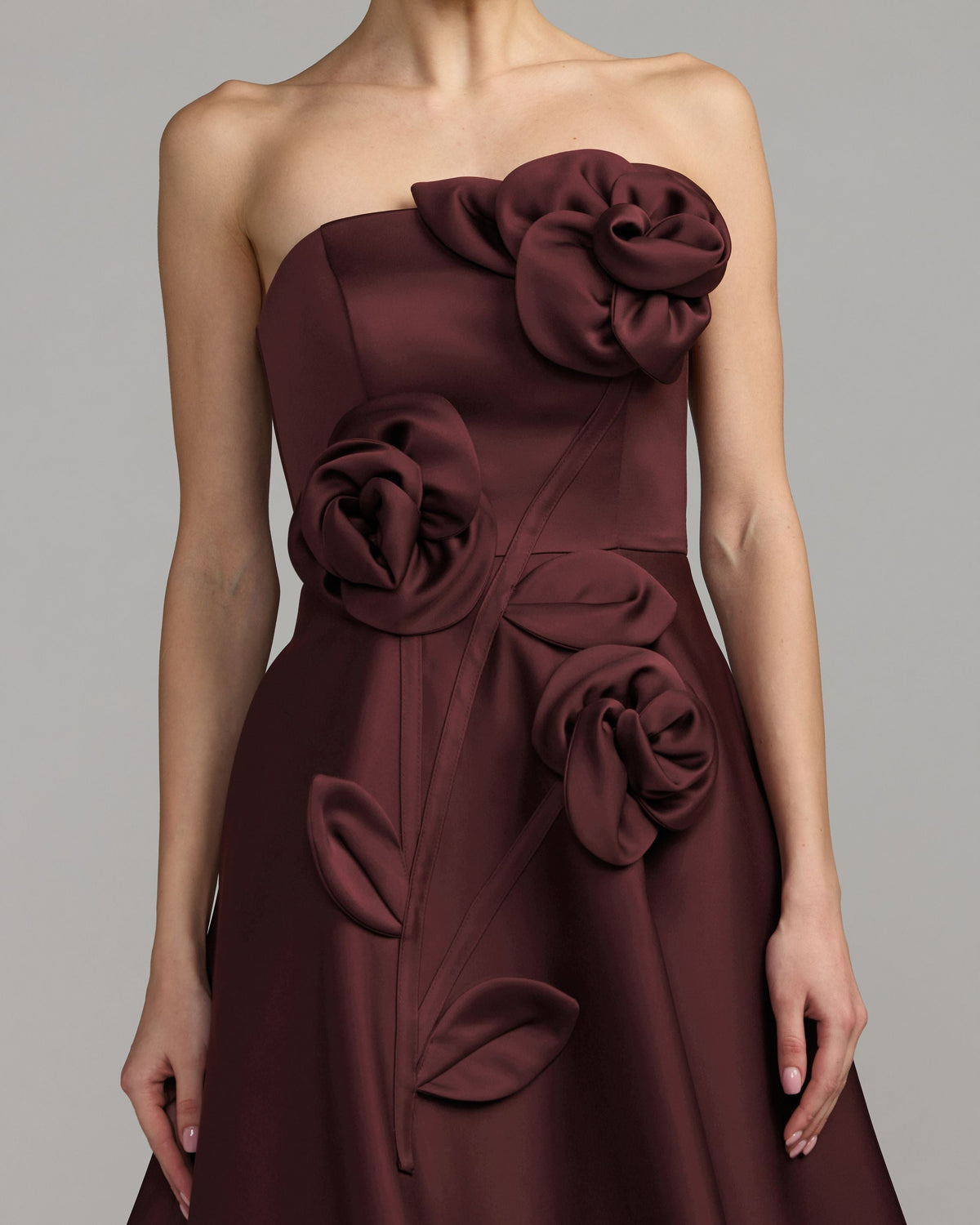 Burgundy Strapless Satin A-Line Dress With 3D Flowers - Contemporary Collection