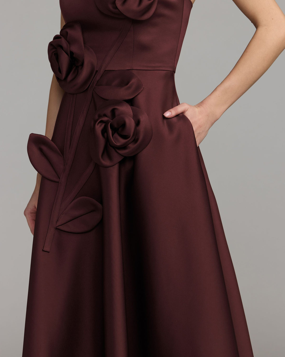 Burgundy Strapless Satin A-Line Dress With 3D Flowers - Contemporary Collection