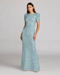 Blue Sequin Trumpet Gown with Puff Sleeves Designer Collection