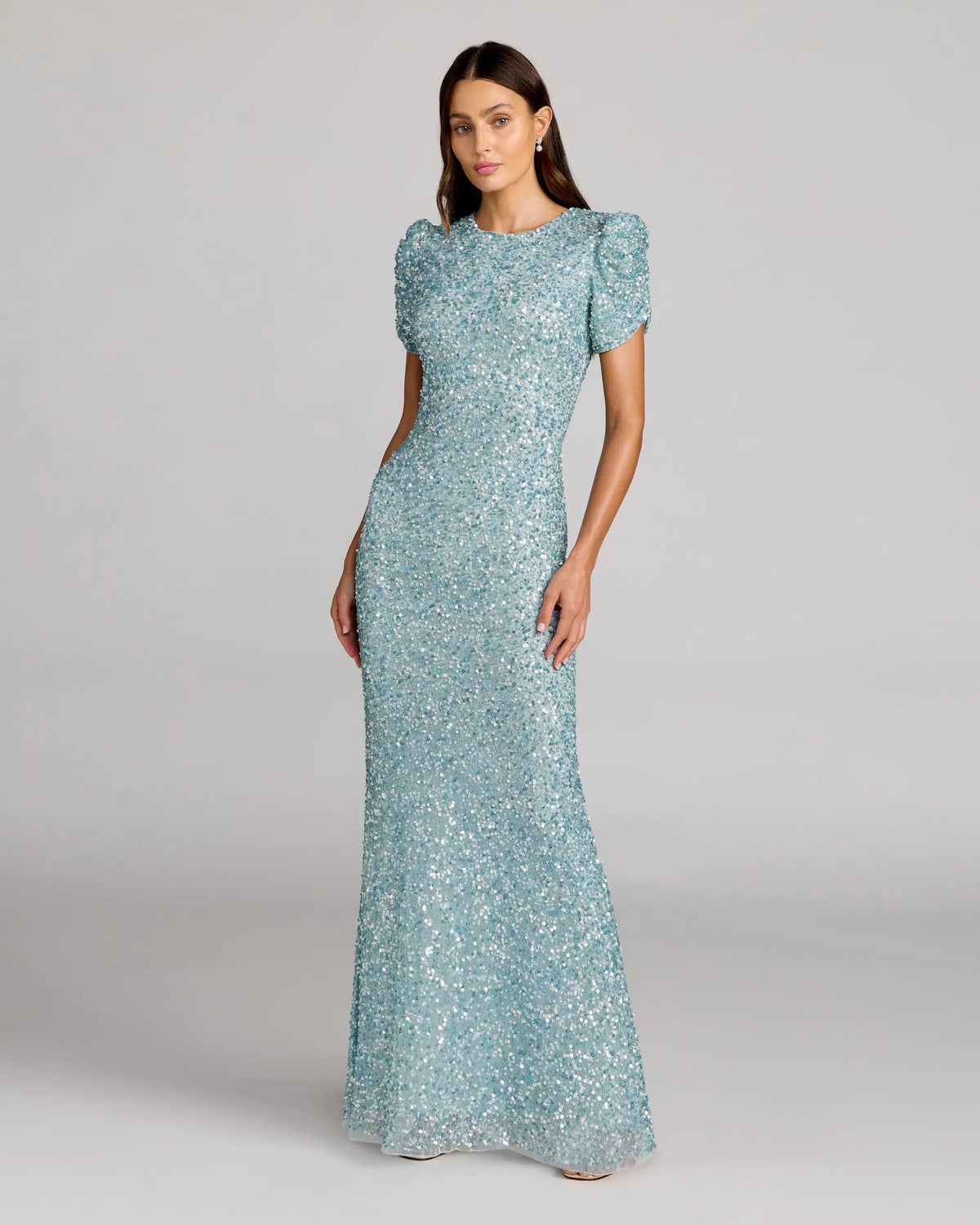 Blue Sequin Trumpet Gown with Puff Sleeves Designer Collection