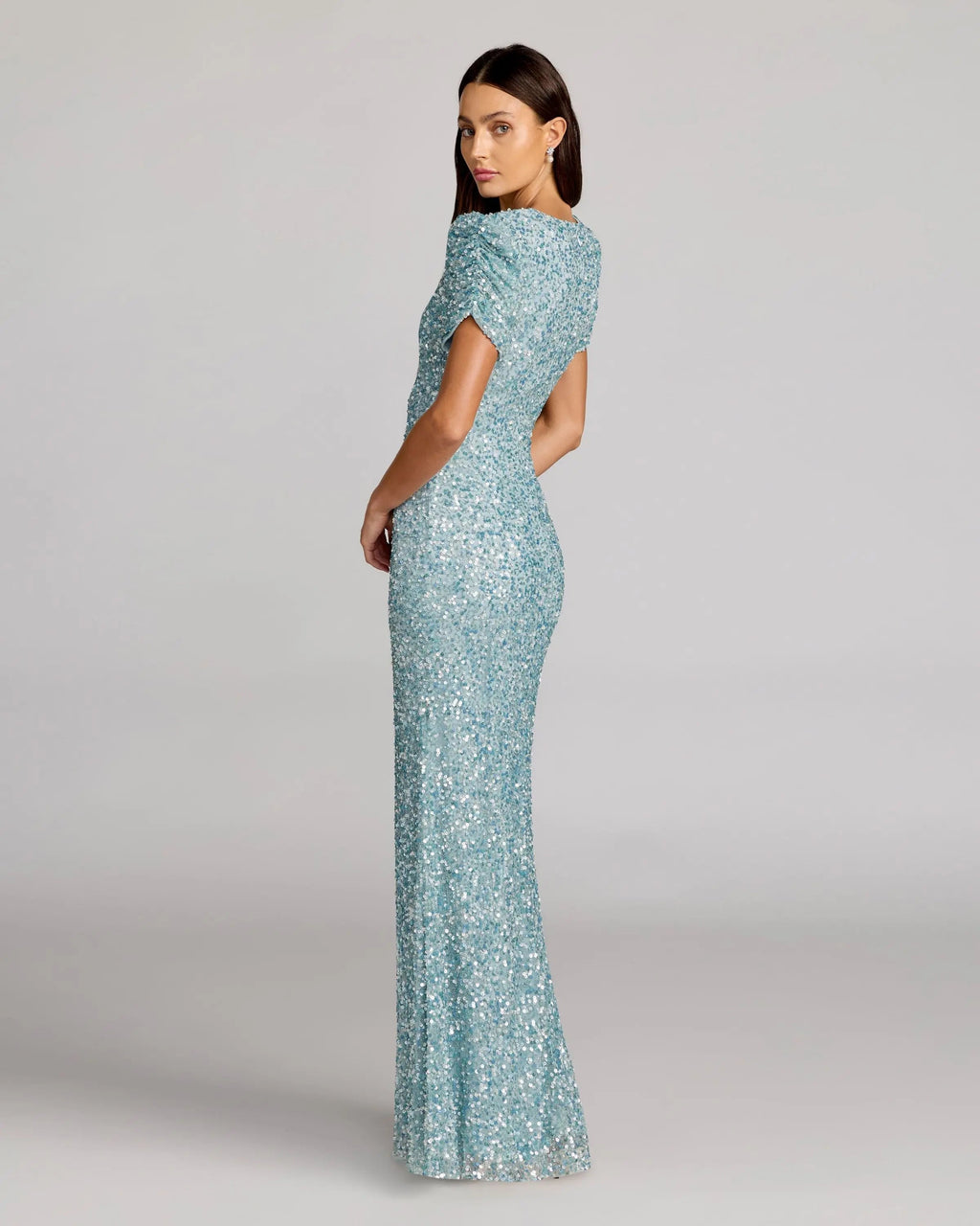 Blue Sequin Trumpet Gown with Puff Sleeves Designer Collection