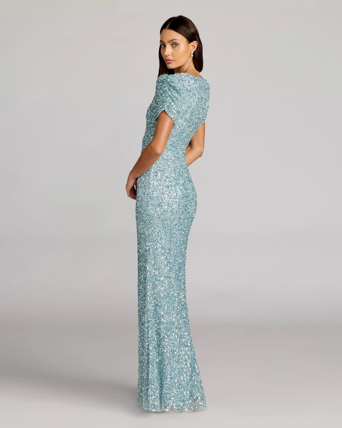 Blue Sequin Trumpet Gown with Puff Sleeves Designer Collection