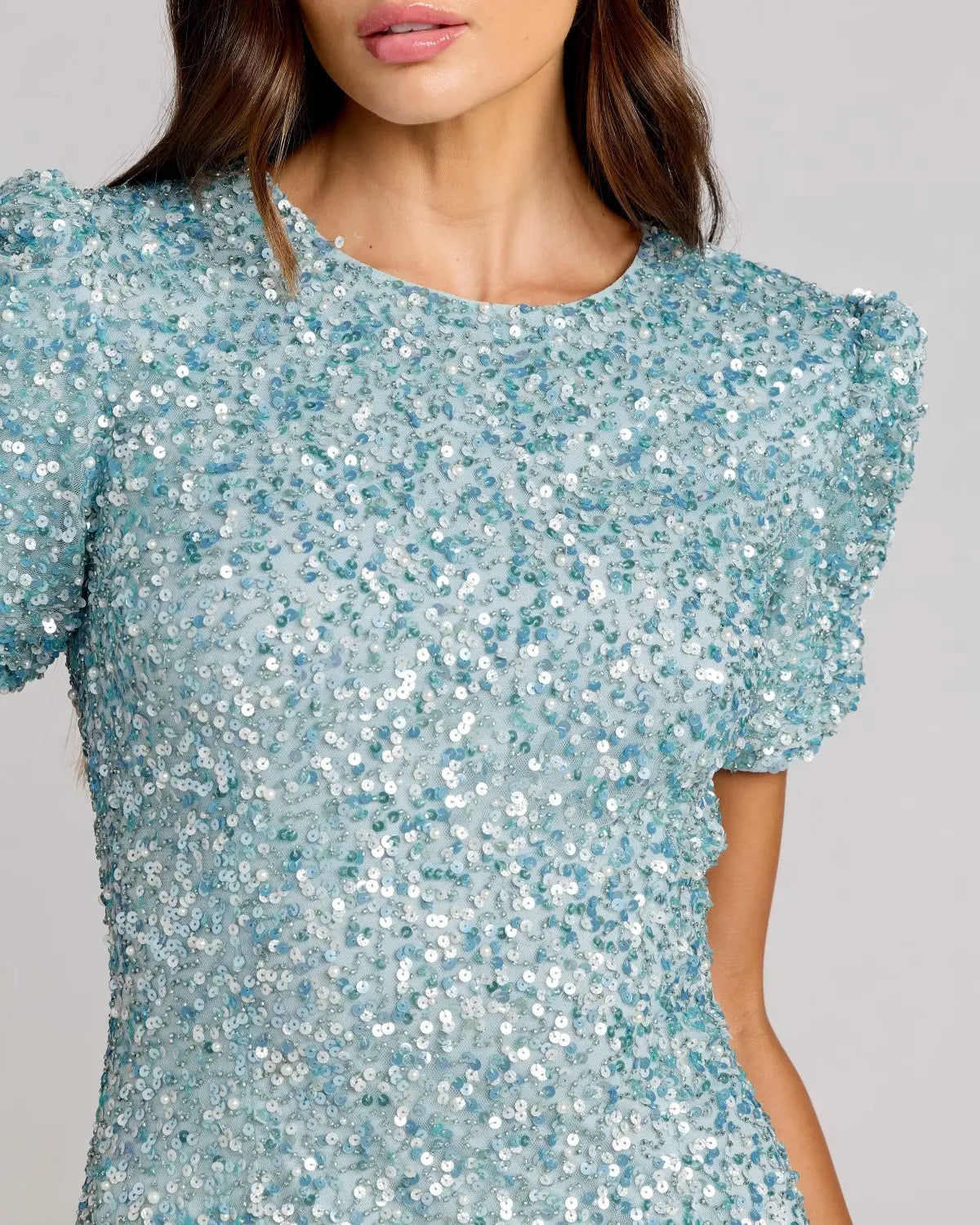 Blue Sequin Trumpet Gown with Puff Sleeves Designer Collection