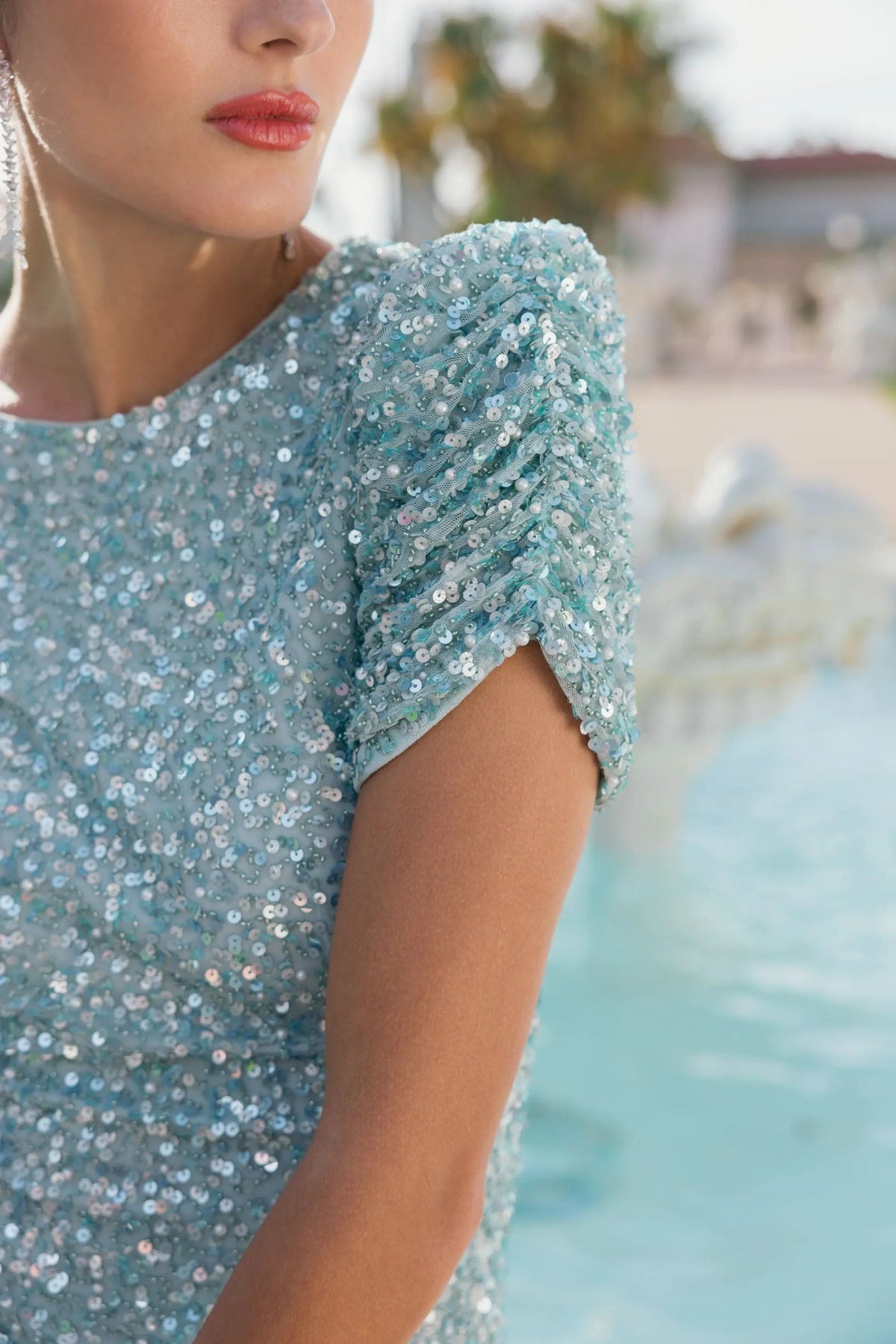 Blue Sequin Trumpet Gown with Puff Sleeves Designer Collection