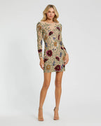 Nude Floral Beaded Long Sleeve Mini Dress Designer Collection