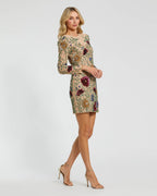 Nude Floral Beaded Long Sleeve Mini Dress Designer Collection