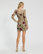 Nude Floral Beaded Long Sleeve Mini Dress Designer Collection