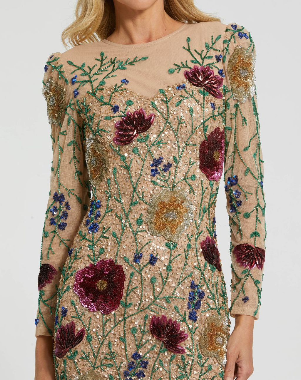 Nude Floral Beaded Long Sleeve Mini Dress Designer Collection
