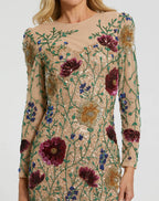 Nude Floral Beaded Long Sleeve Mini Dress Designer Collection