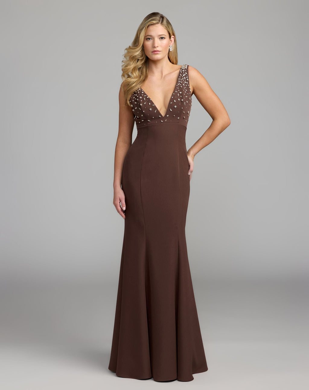 Brown Embellished Crepe Sleeveless V-Neck Gown - Contemporary Collection