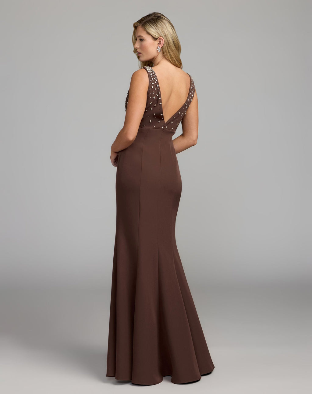Brown Embellished Crepe Sleeveless V-Neck Gown - Contemporary Collection