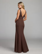 Brown Embellished Crepe Sleeveless V-Neck Gown - Contemporary Collection