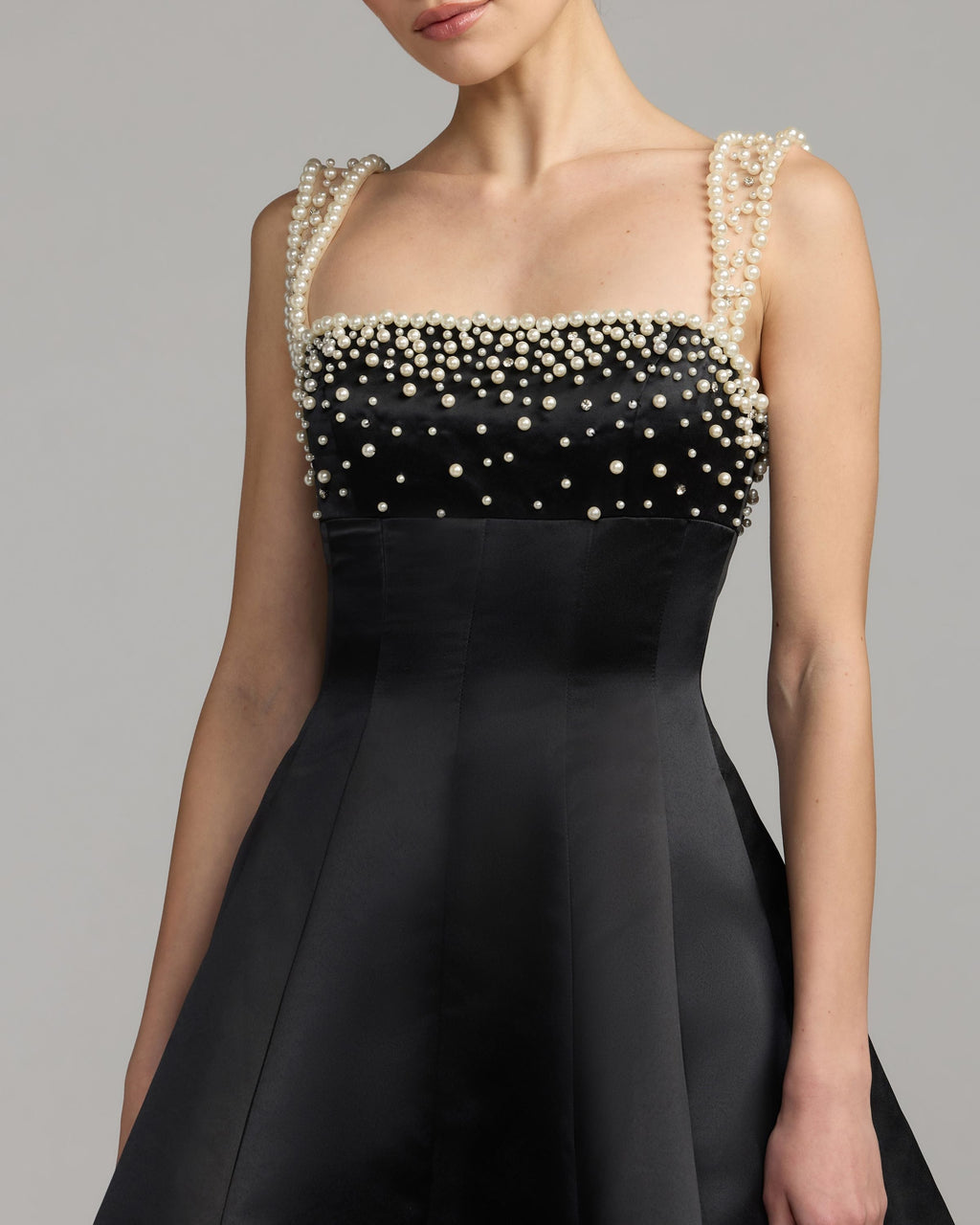 Black Pearl Embellished Satin Mini Dress - Designer Collection