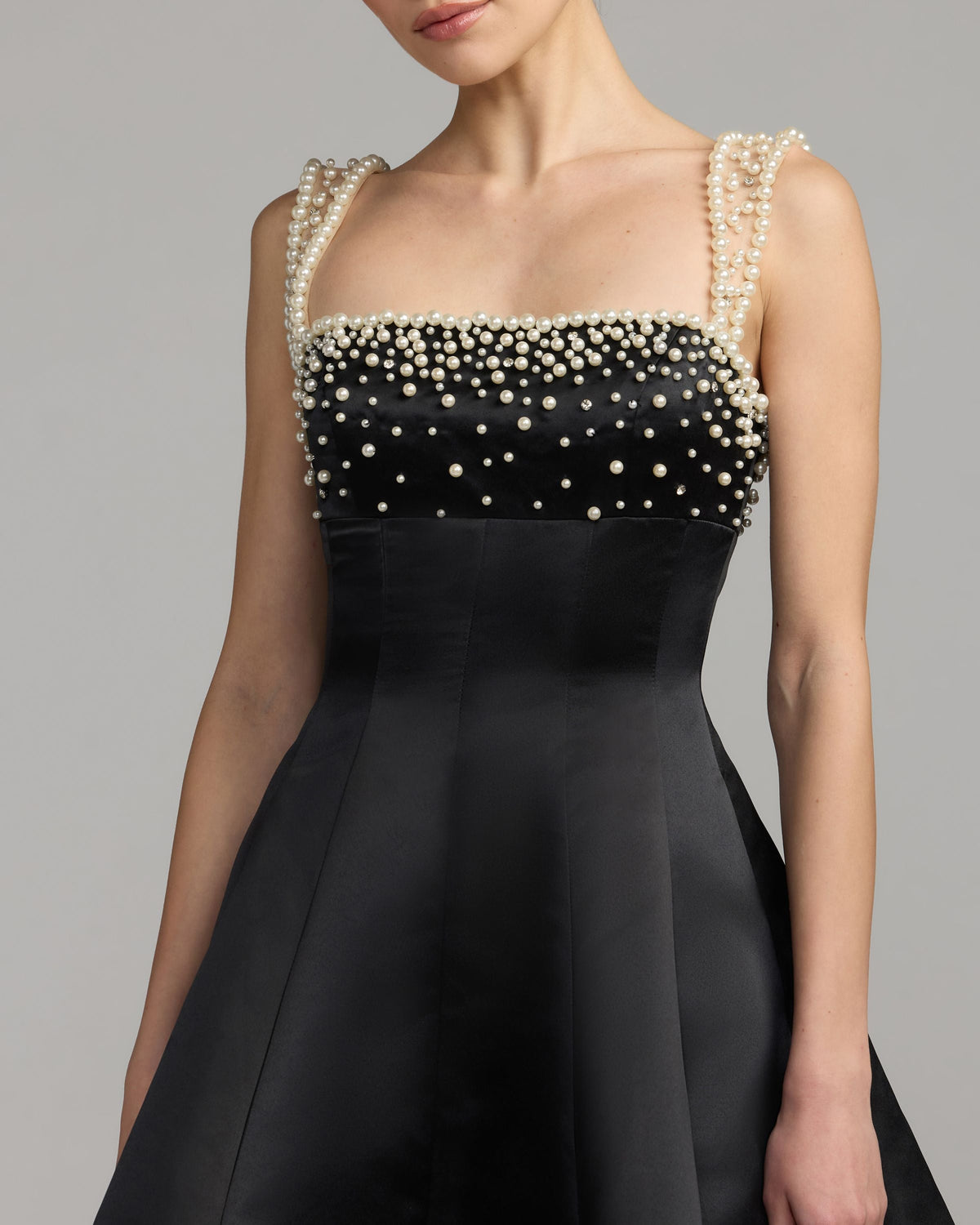 Black Pearl Embellished Satin Mini Dress - Designer Collection