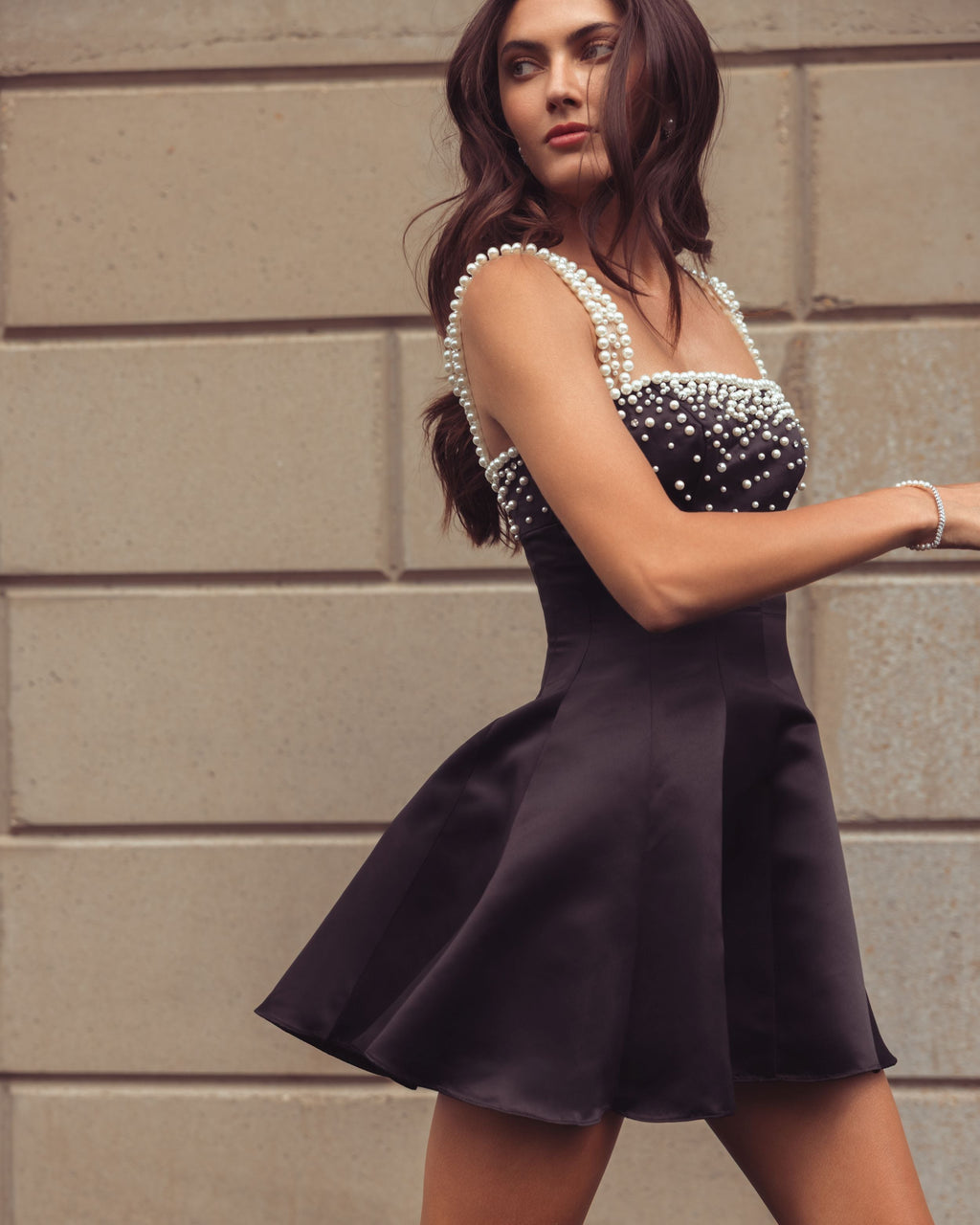 Black Pearl Embellished Satin Mini Dress - Designer Collection