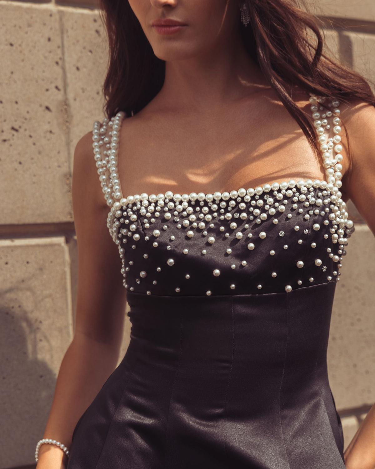 Black Pearl Embellished Satin Mini Dress - Designer Collection