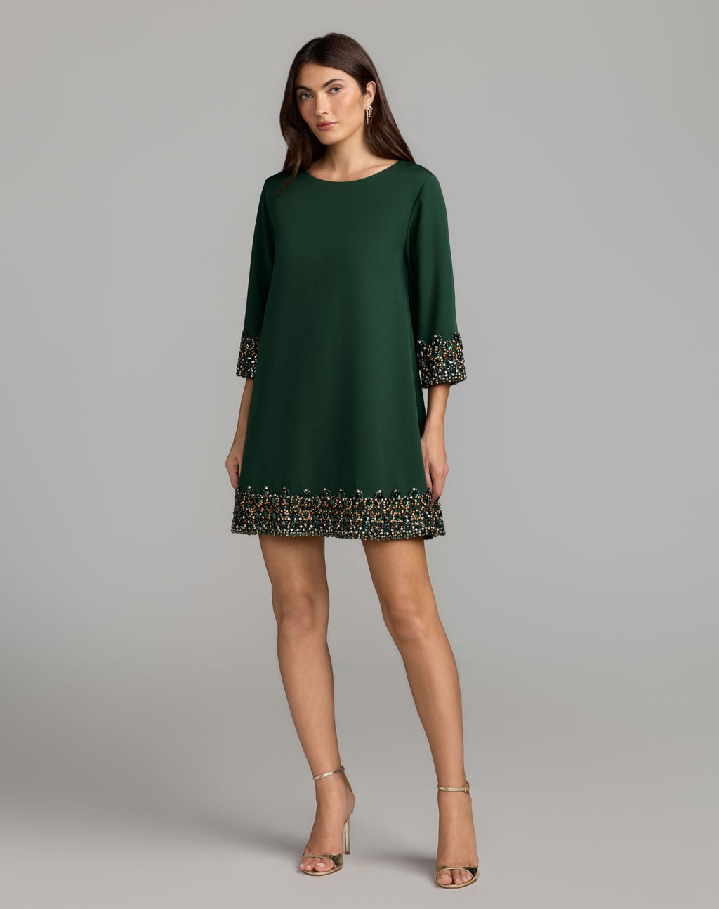 Deep Green Embellished Trim Mini Dress With 3/4 Sleeves - Designer Collection