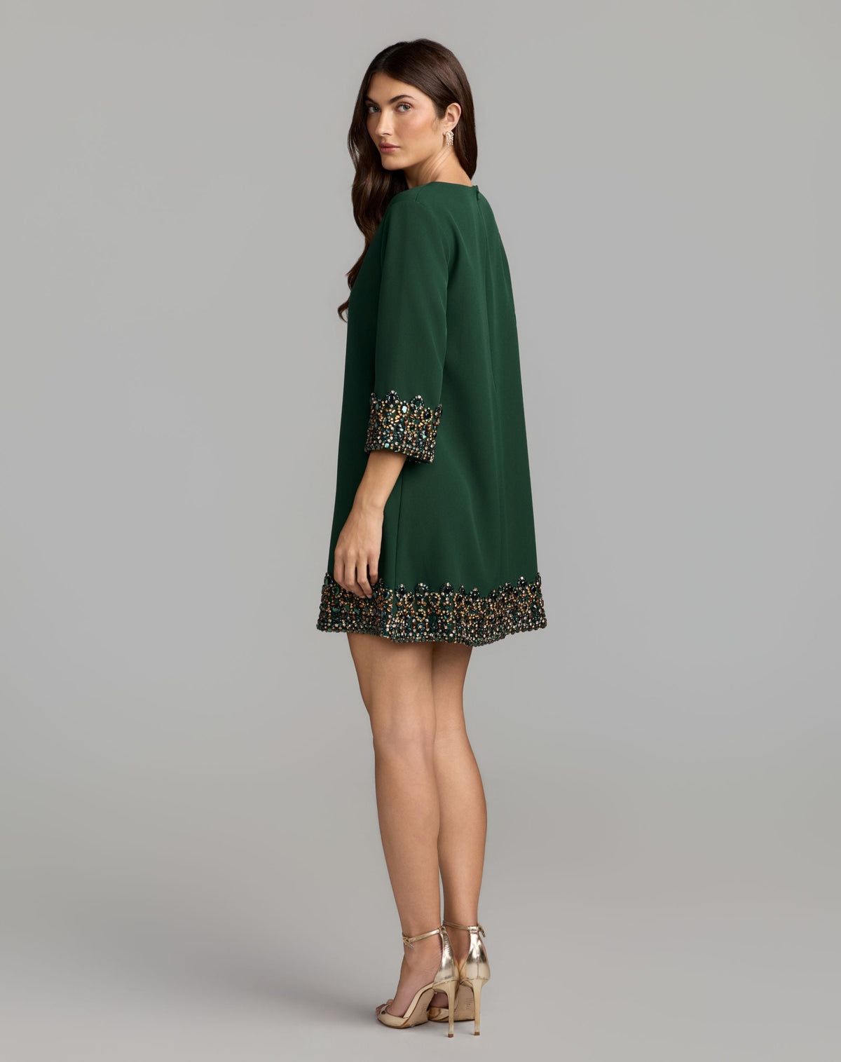 Deep Green Embellished Trim Mini Dress With 3/4 Sleeves - Designer Collection