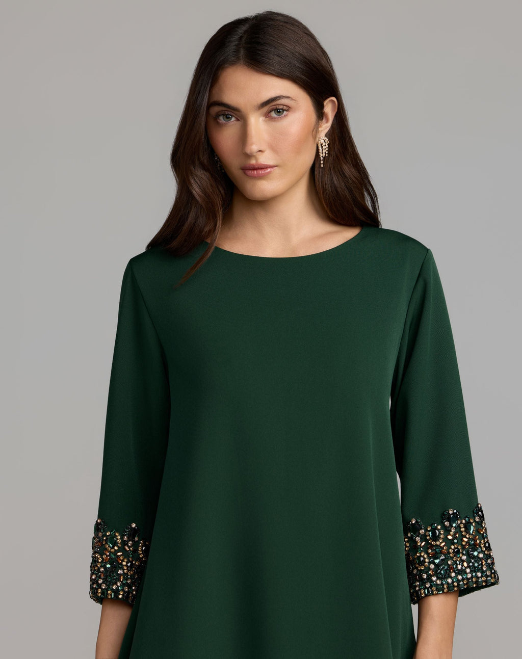 Deep Green Embellished Trim Mini Dress With 3/4 Sleeves - Designer Collection