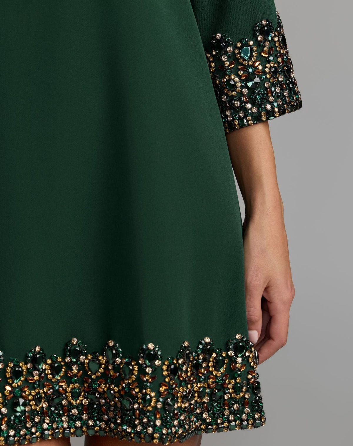 Deep Green Embellished Trim Mini Dress With 3/4 Sleeves - Designer Collection