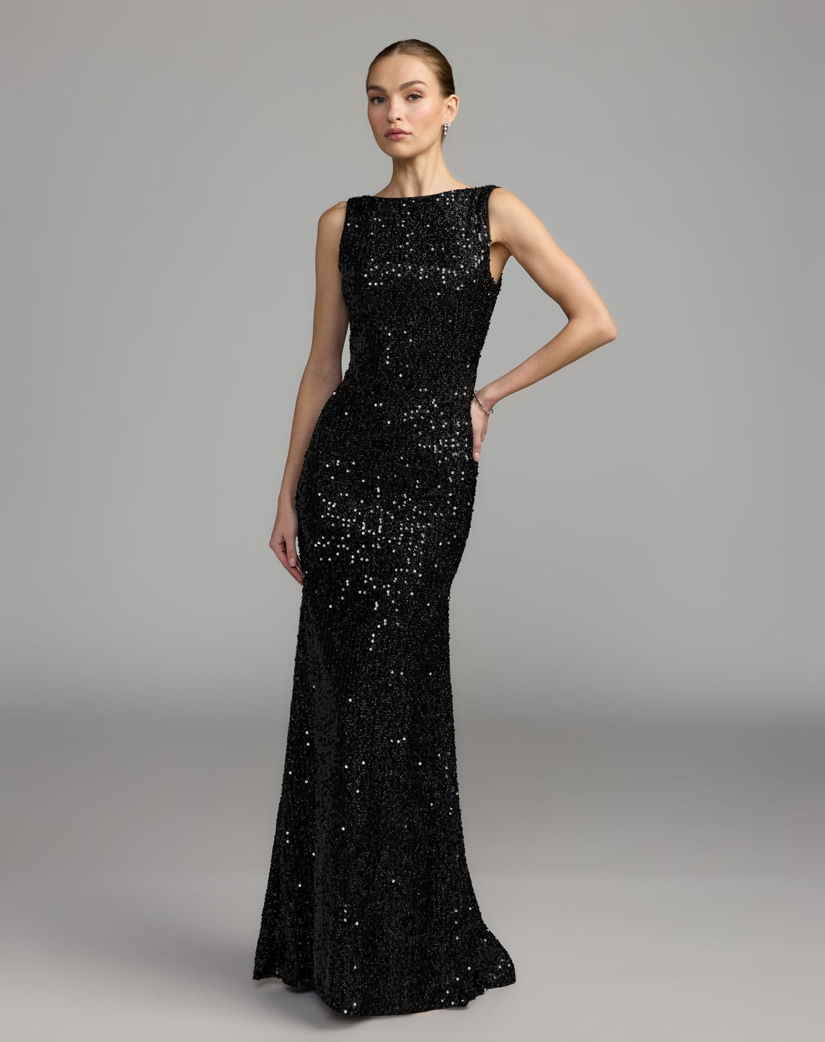 Black Cowl Back Boat Neck Sequined Evening Gown - Contemporary Collection