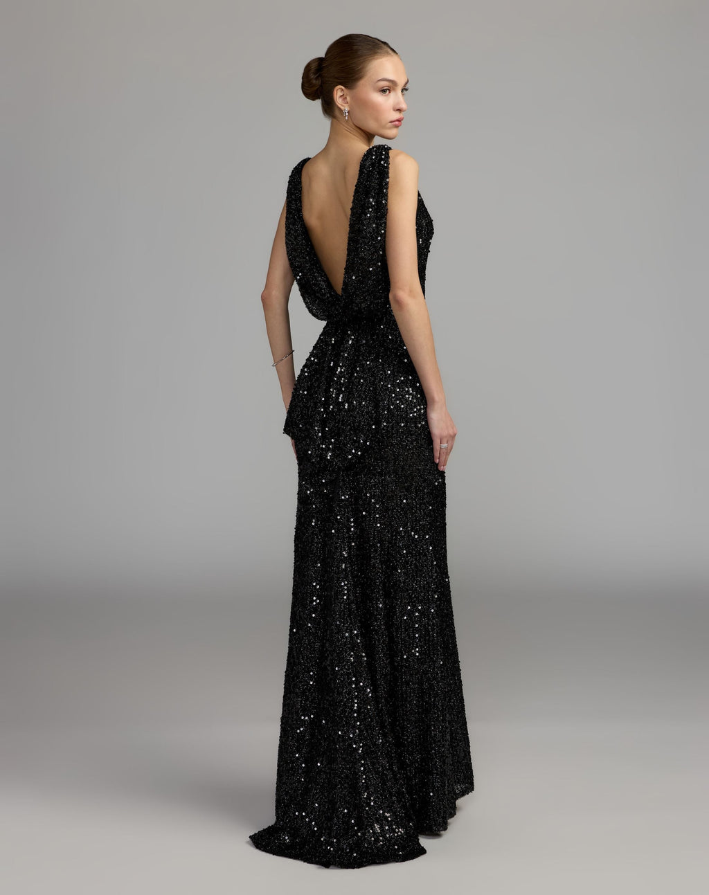 Black Cowl Back Boat Neck Sequined Evening Gown - Contemporary Collection