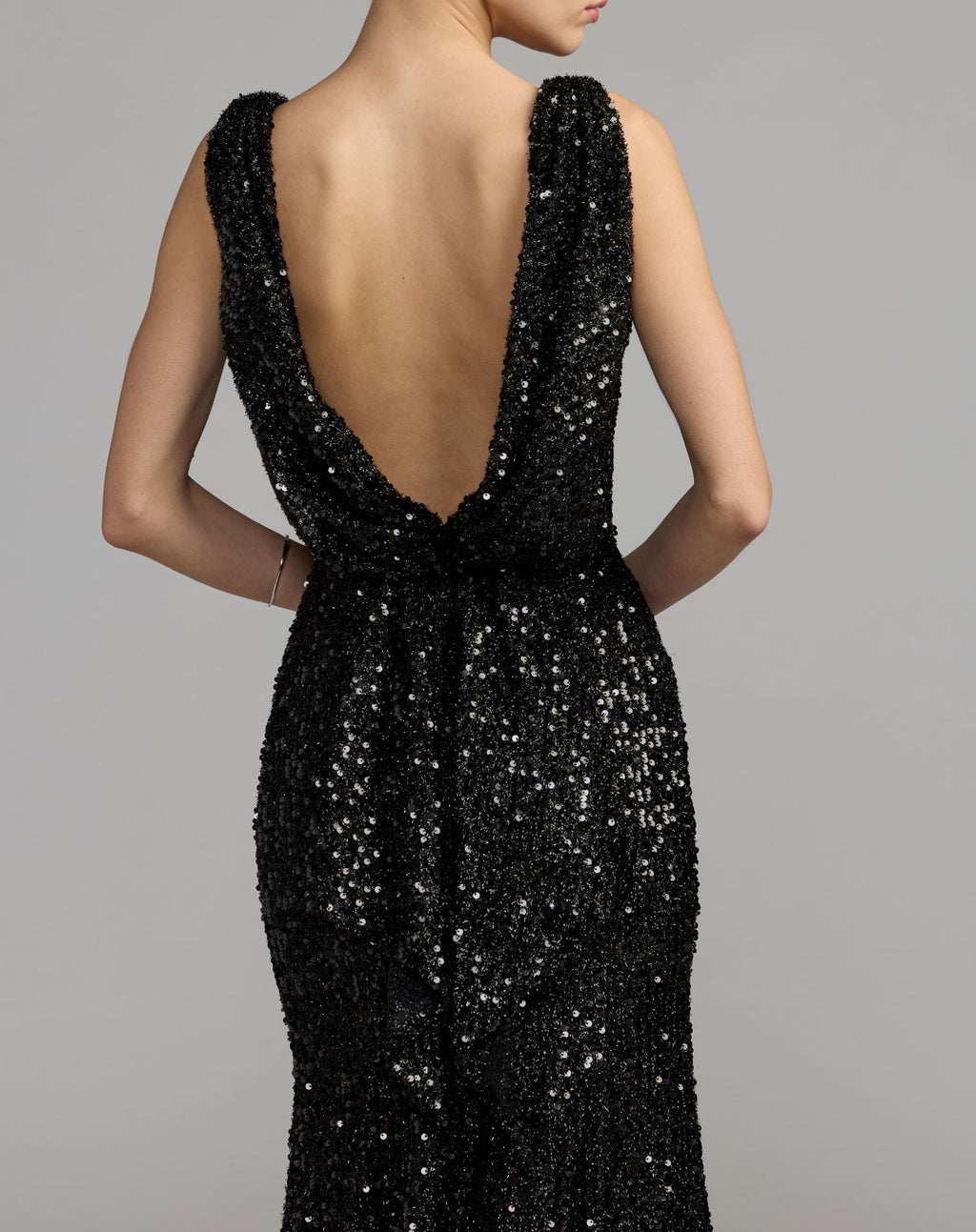 Black Cowl Back Boat Neck Sequined Evening Gown - Contemporary Collection