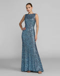 Blue Cowl Back Boat Neck Sequined Evening Gown Contemporary Collection