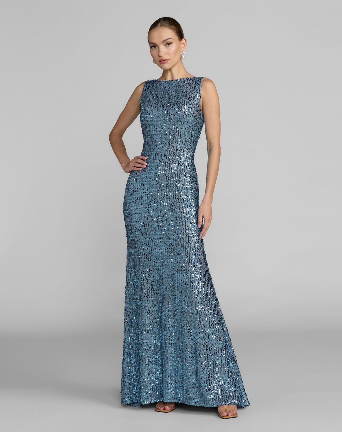 Blue Cowl Back Boat Neck Sequined Evening Gown Contemporary Collection
