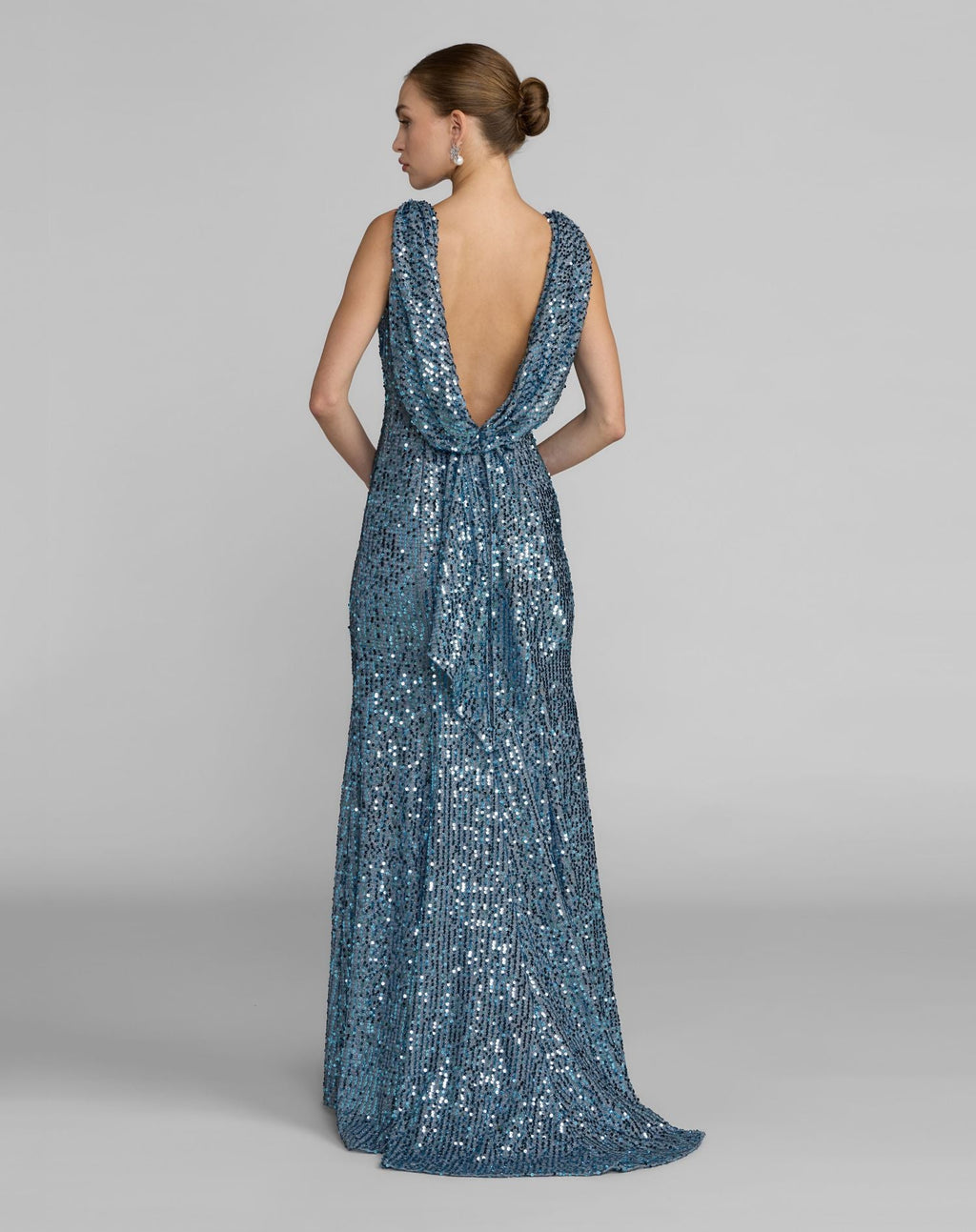 Blue Cowl Back Boat Neck Sequined Evening Gown Contemporary Collection