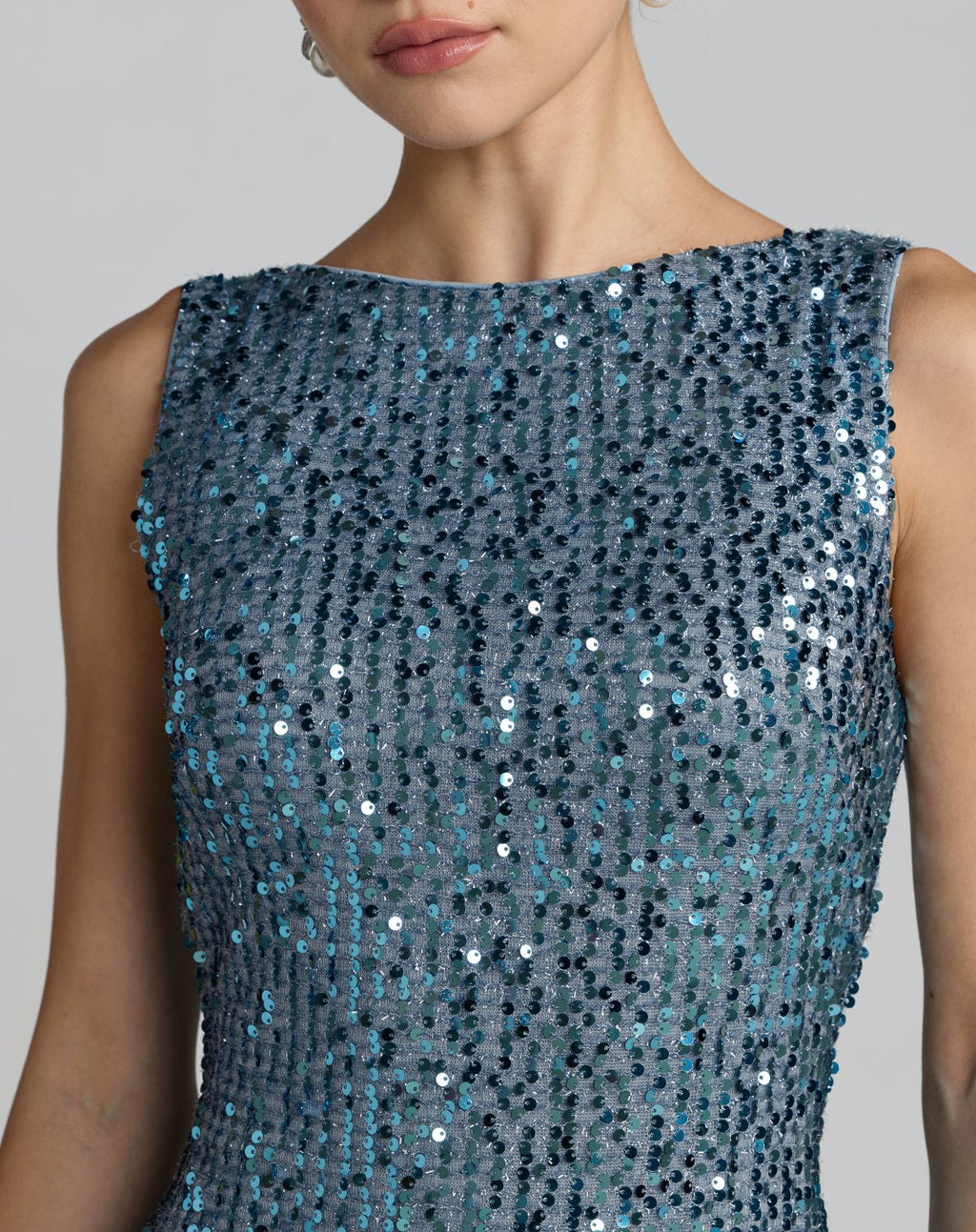 Blue Cowl Back Boat Neck Sequined Evening Gown Contemporary Collection