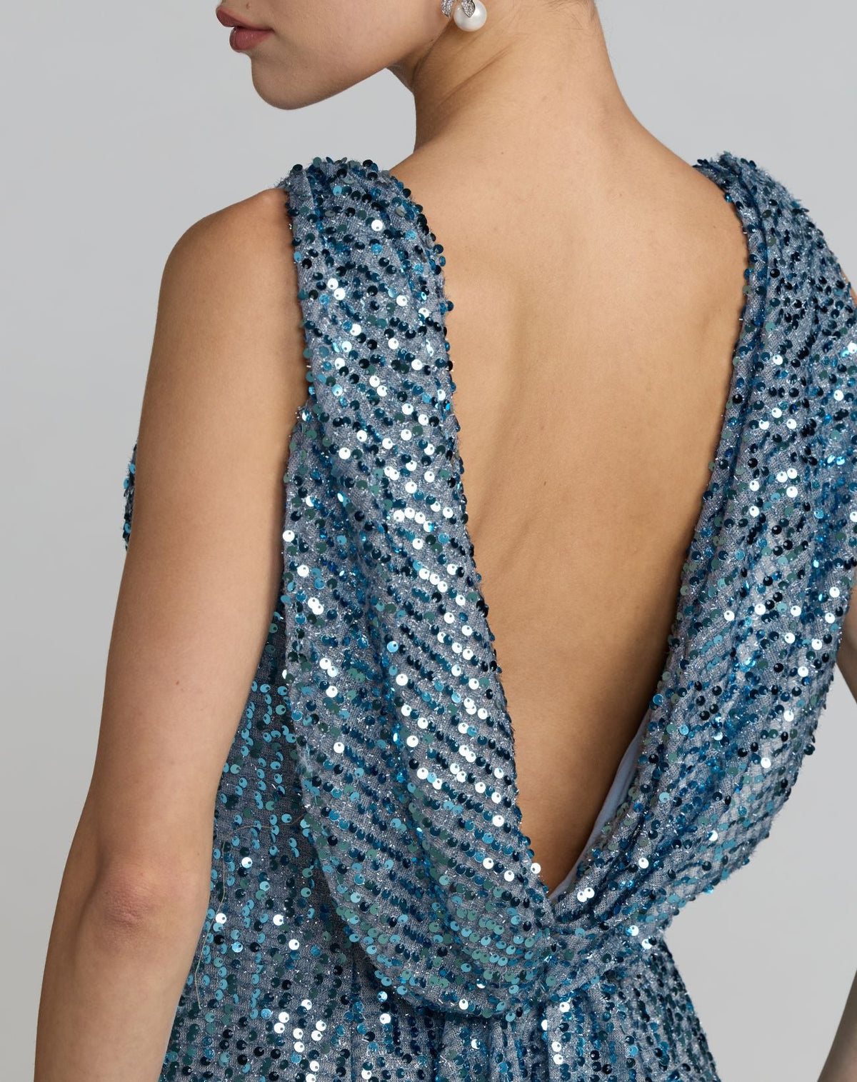 Blue Cowl Back Boat Neck Sequined Evening Gown Contemporary Collection