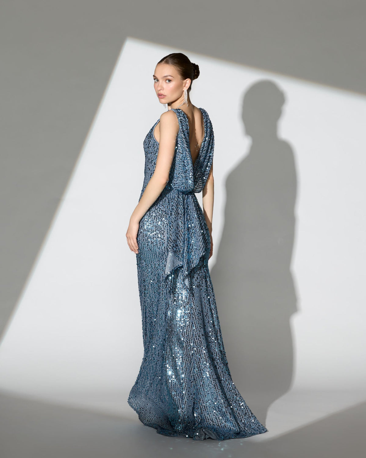 Blue Cowl Back Boat Neck Sequined Evening Gown Contemporary Collection