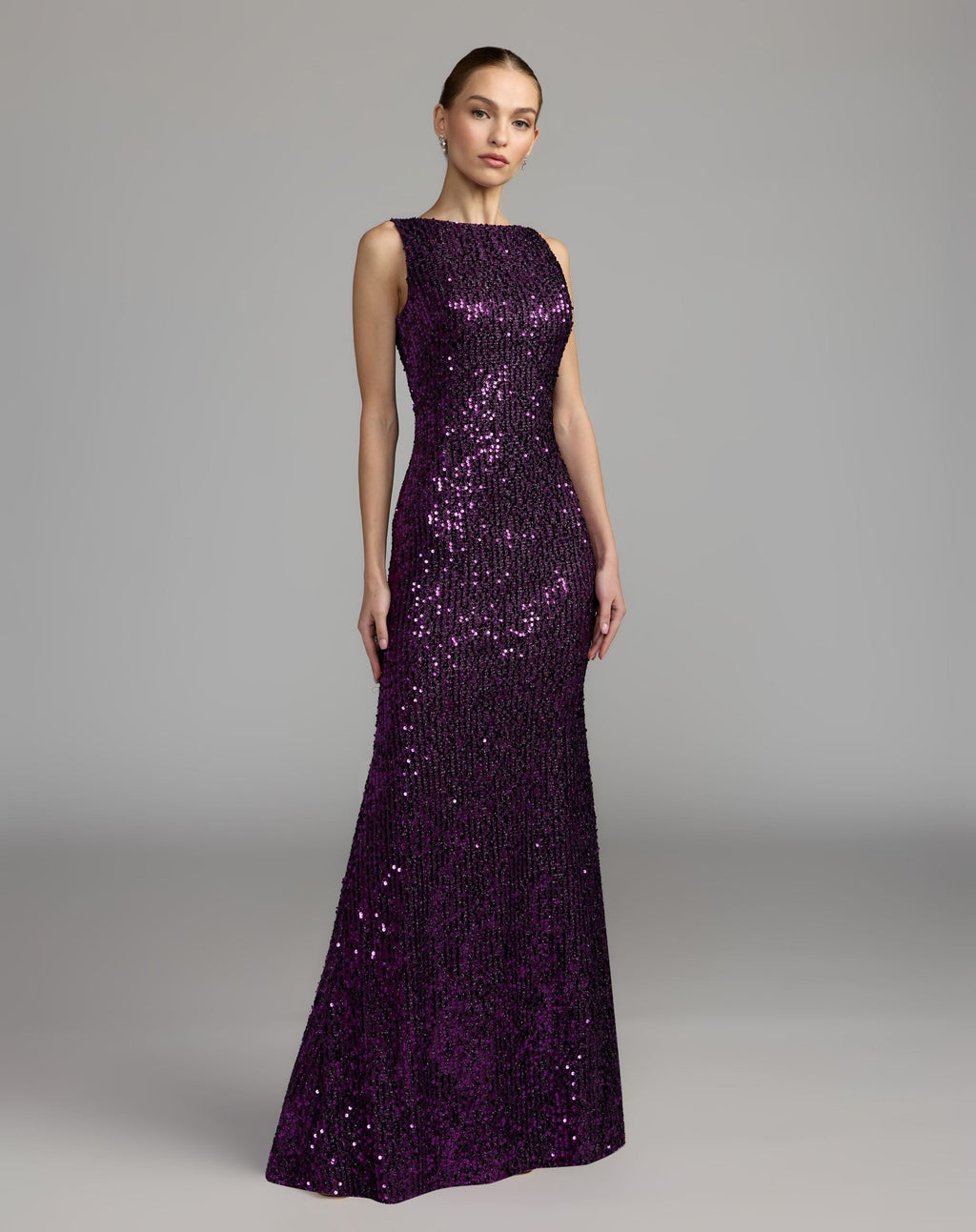 Purple Cowl Back Boat Neck Sequined Evening Gown - Contemporary Collection