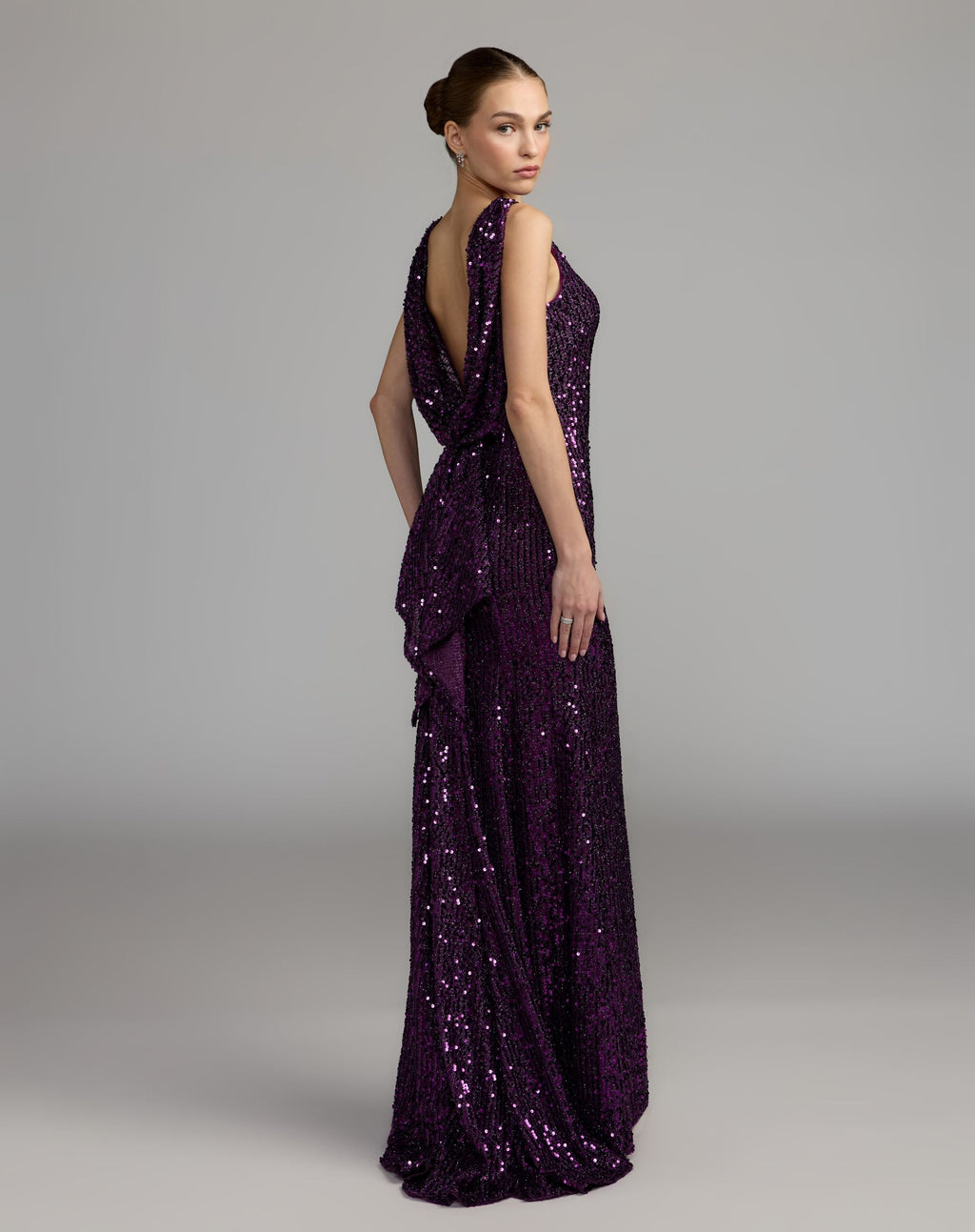 Purple Cowl Back Boat Neck Sequined Evening Gown - Contemporary Collection