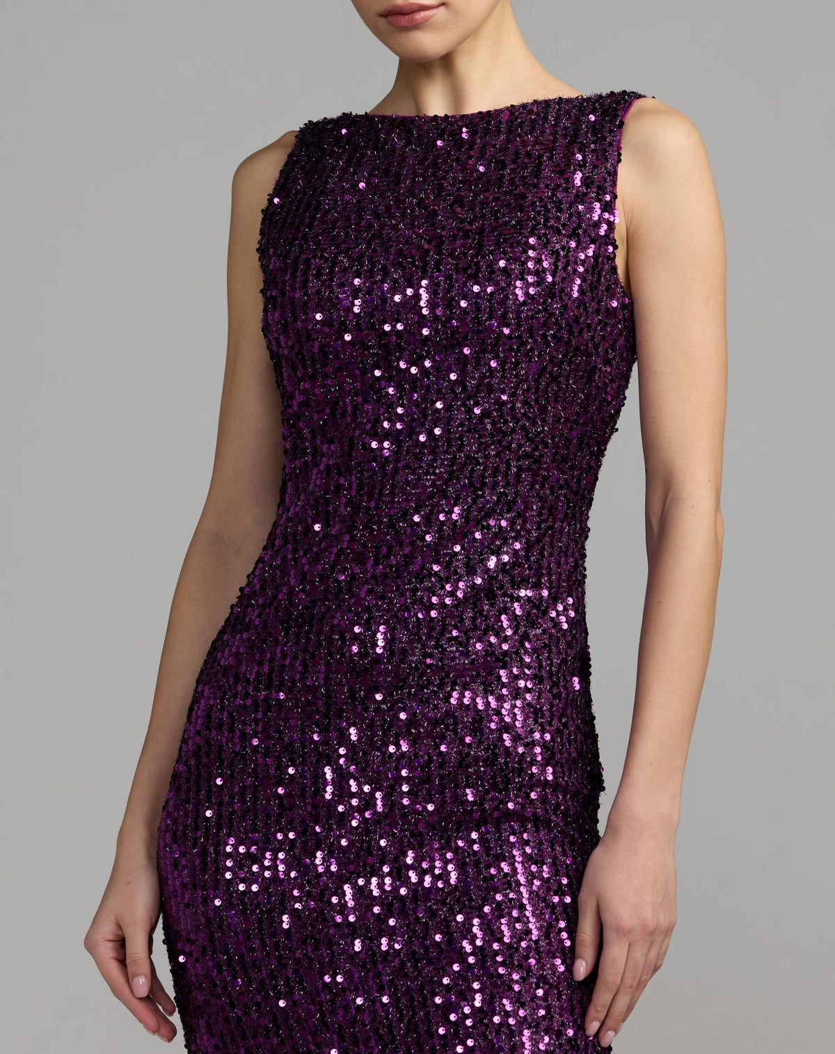 Purple Cowl Back Boat Neck Sequined Evening Gown - Contemporary Collection