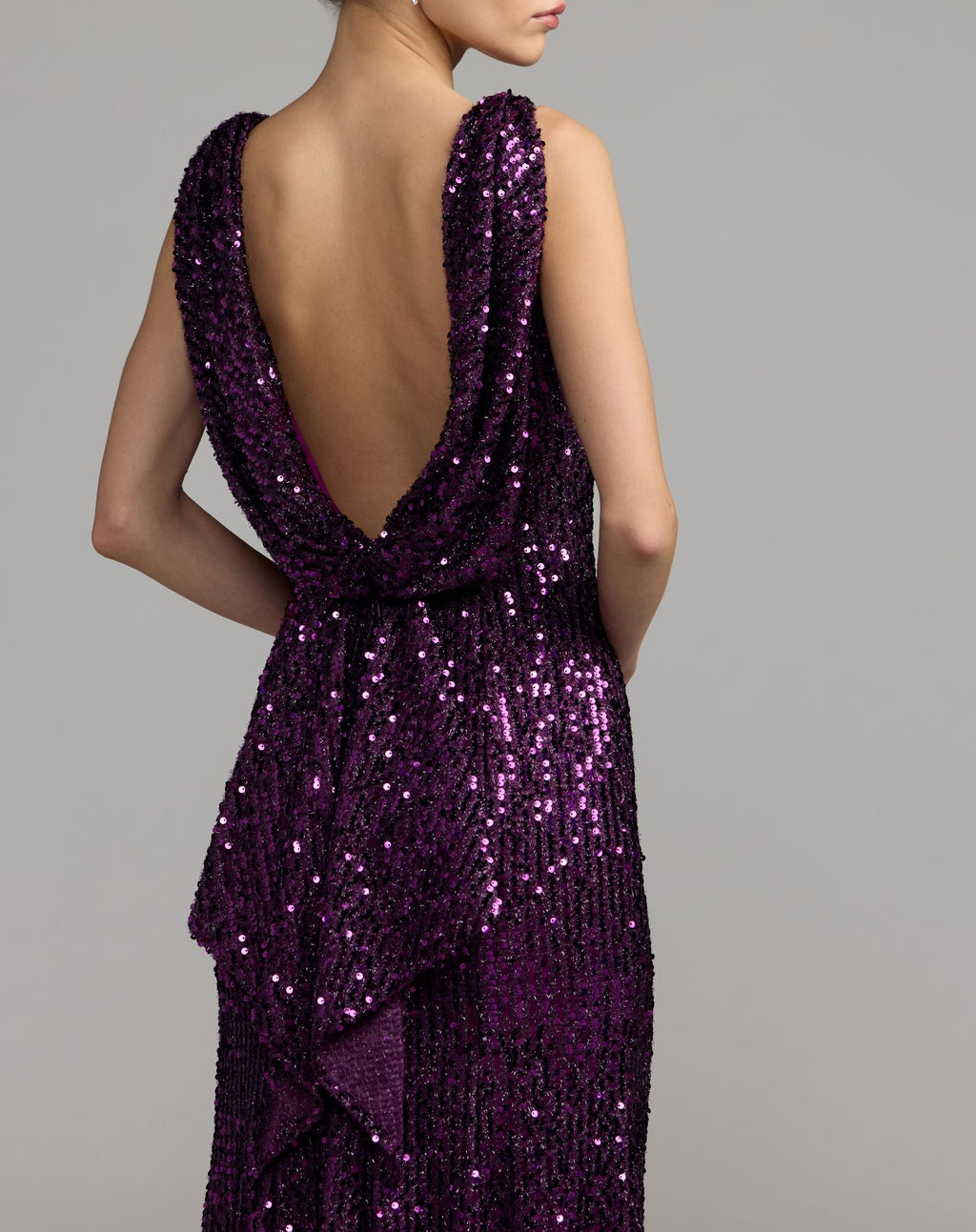 Purple Cowl Back Boat Neck Sequined Evening Gown - Contemporary Collection