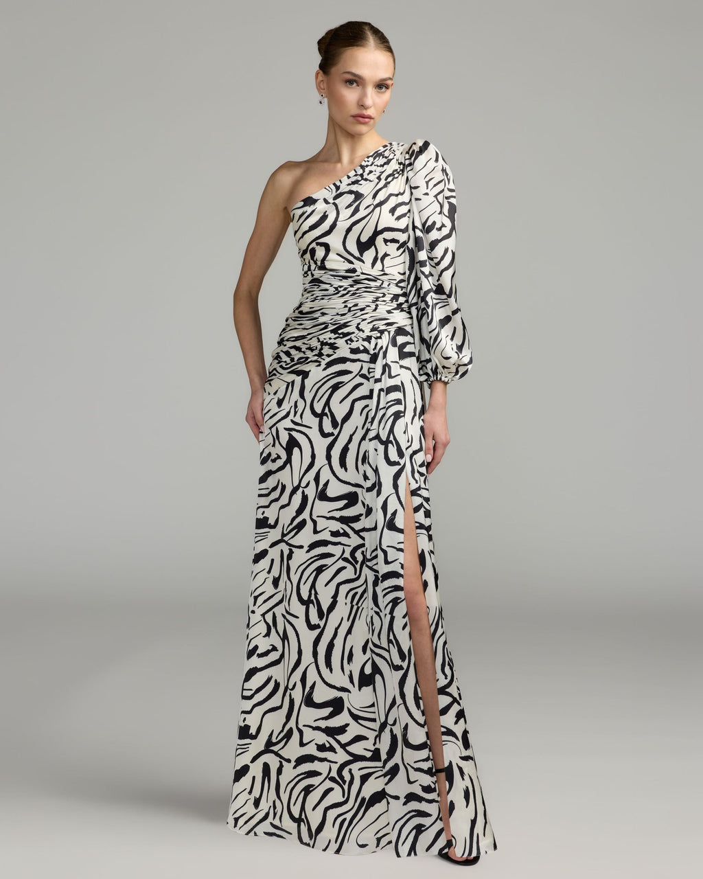 White Abstract Print One Shoulder Charmeuse Gown With Slit - Contemporary Collection