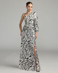 White Abstract Print One Shoulder Charmeuse Gown With Slit - Contemporary Collection