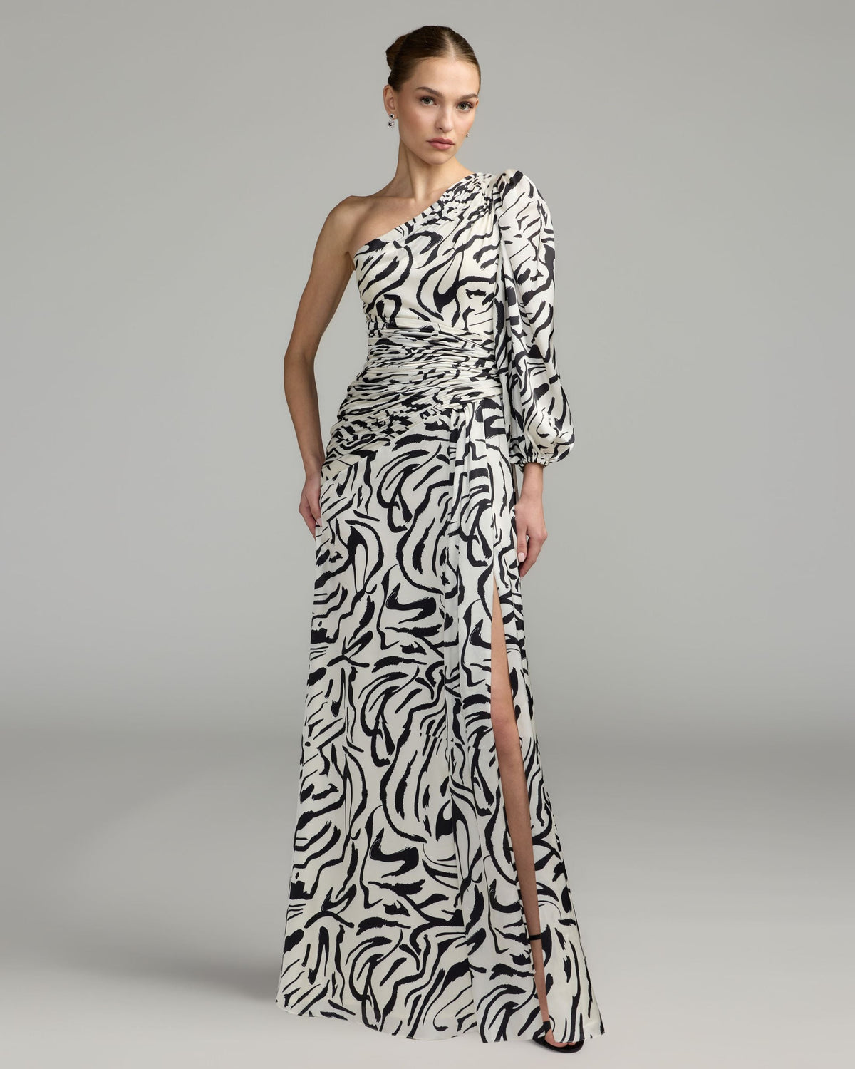White Abstract Print One Shoulder Charmeuse Gown With Slit - Contemporary Collection