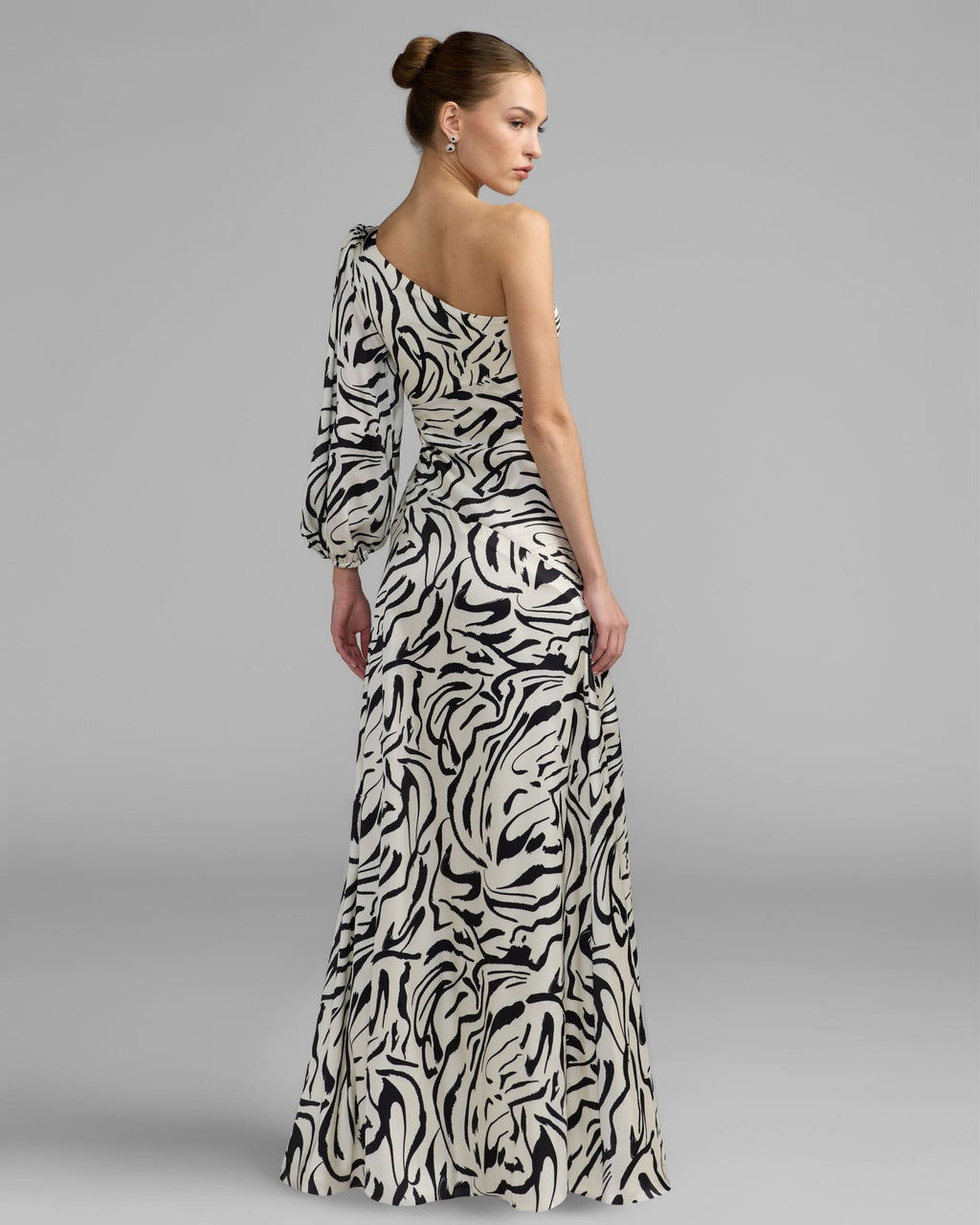 White Abstract Print One Shoulder Charmeuse Gown With Slit - Contemporary Collection