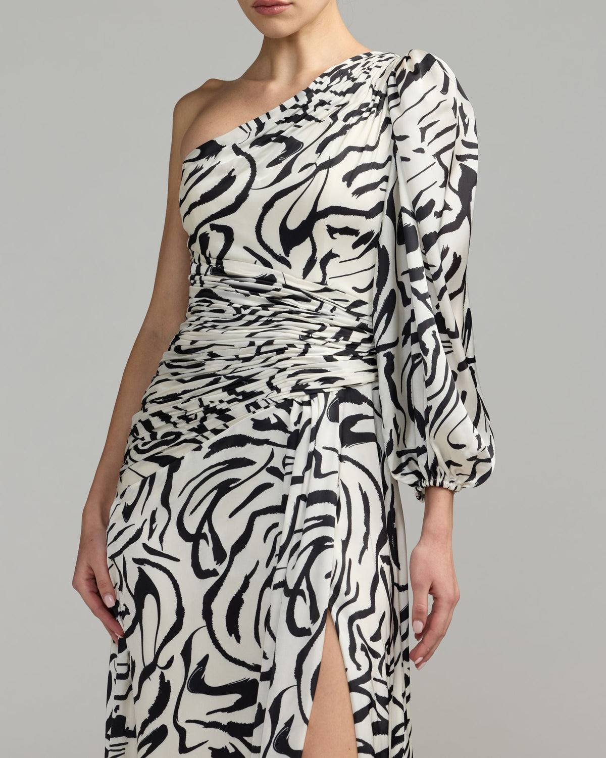 White Abstract Print One Shoulder Charmeuse Gown With Slit - Contemporary Collection