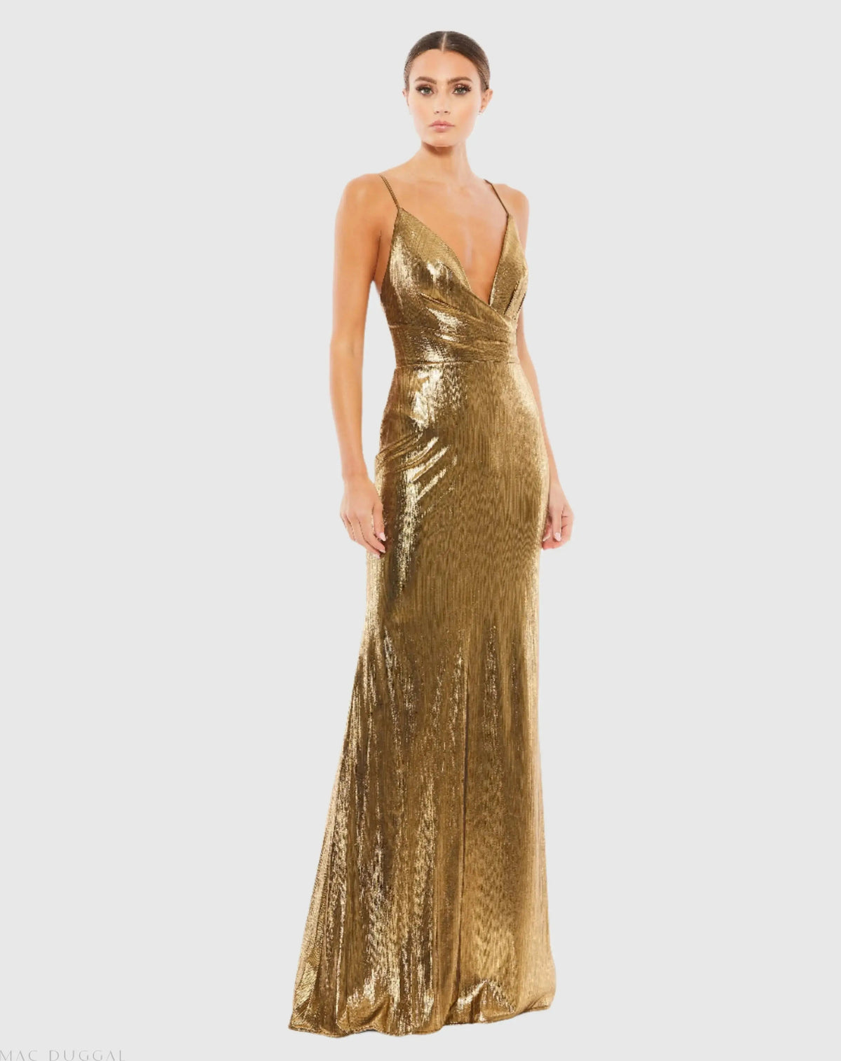 Gold Metallic Faux Wrap Spaghetti Strap Gown - Contemporary Collection