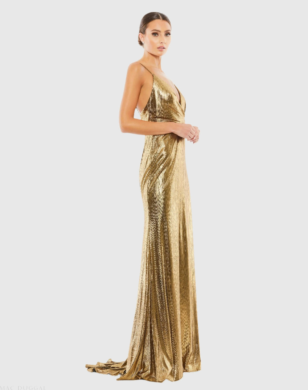 Gold Metallic Faux Wrap Spaghetti Strap Gown - Contemporary Collection